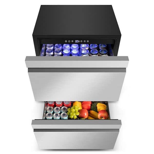 23.42 in. 240 Plus Cans Dual Zone Beverage Refrigerator 2-Drawer Built-in Fridge with 4-Caster in Silver Stainless Steel