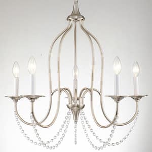5-Light Farmhouse Satin Nickle Chandelier with Crystal Accents