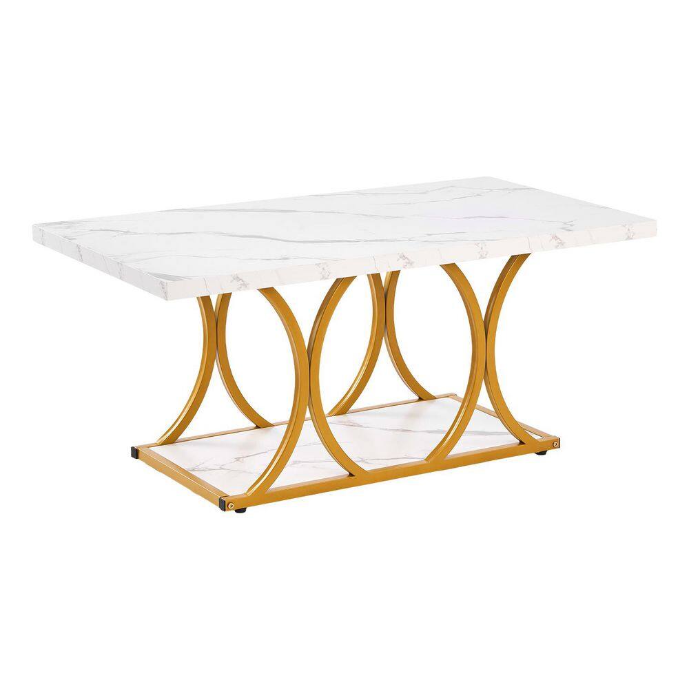 Coffee Table, Modern Faux Marble Coffee Table, 2-Tier Rectangle Center Desk with Geometric Legs, Metal Frame, White price history on PriceWatchPro