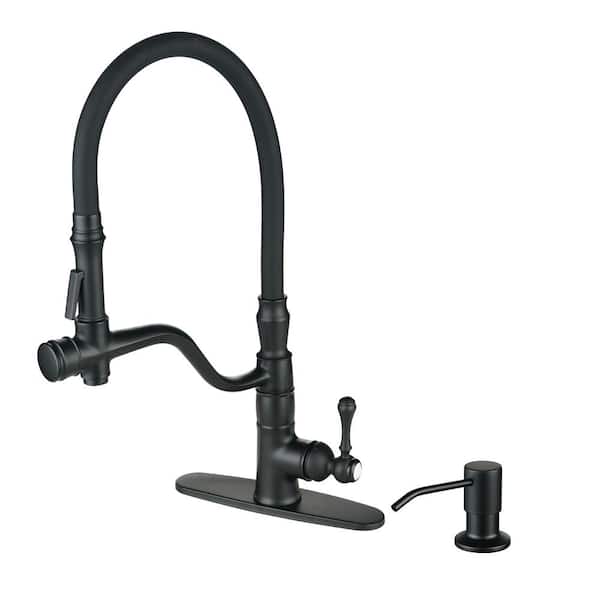 IVIGA Single Handle Brass High Arc Pull Down Sprayer Kitchen Faucet with Deckplate and Soap Dispenser in Matte Black