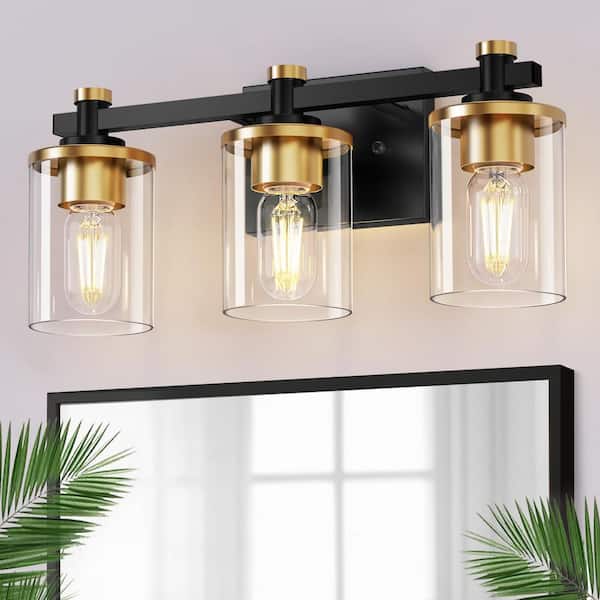 YANSUN 20 in. 3-Light Black and Gold Bathroom Vanity Light with Clear Glass Shades for Mirror and Vanity