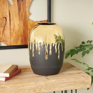 13 in. Black Ceramic Decorative Vase with Abstract Gold Melting Drips
