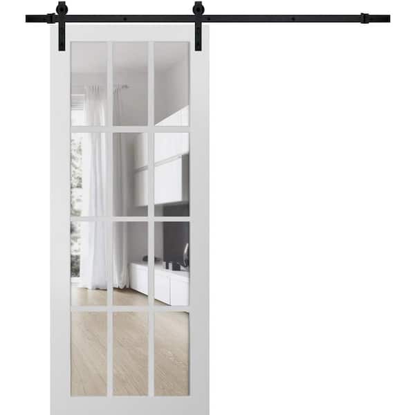 3355 36 in. x 80 in. Full Lite Clear Glass Matte White Finished Solid Wood Sliding Barn Door with Hardware Kit