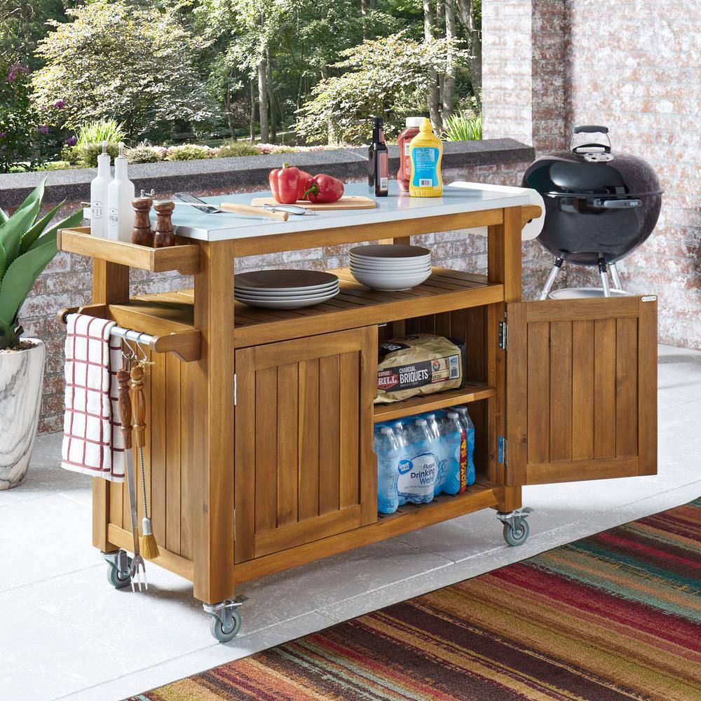 Golden Teak Acacia Wood Kitchen Cart with Spice Rack and Storage