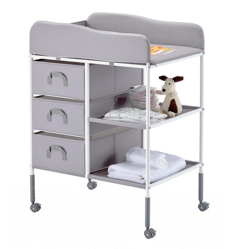 Baby Changing Table, Portable Diaper Change Station with 3 Fabric Drawers and Lockable Wheels, Adjustable Height, Gray