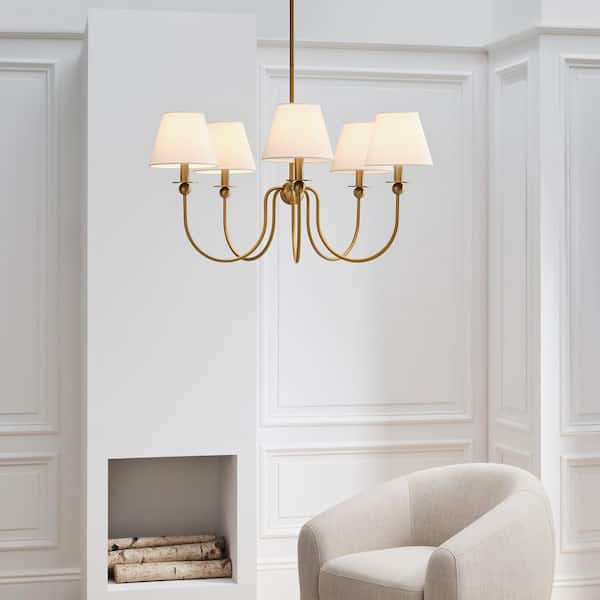 Elsay 36.38 in. W x 17.25 in. H 6-Light Satin Brass Transitional Chandelier with White Linen Fabric Shades