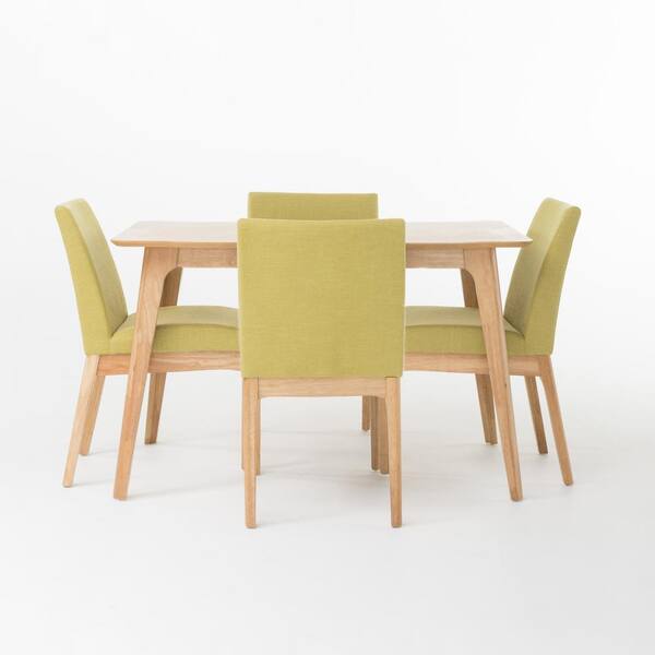 Noble House Kwame 5-Piece Green Tea Fabric and Natural Oak 50 in. Rectangular Dining Set