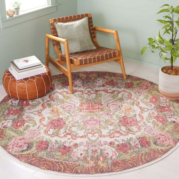 Besarabian Ivory/Sage  Rust 7 ft. x 7 ft. Machine Washable Border Floral Round Area Rug