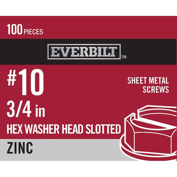 Everbilt #10 x 3/4 in. Slotted Hex Head Zinc Plated Sheet Metal Screw (100-Pack)