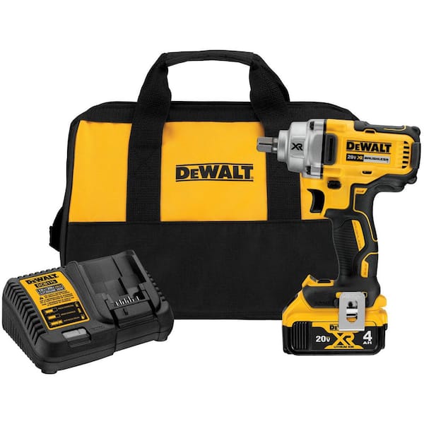 DEWALT 20V Lithium-Ion Cordless Brushless 1/2 in. Impact Wrench Kit, (1) 4.0Ah Battery, and Charger