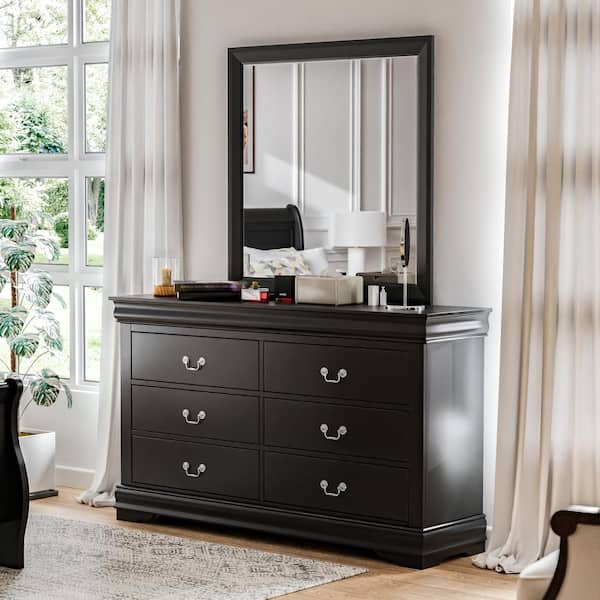 Furniture of America Alarcon 6-Drawer Black Dresser with Mirror (71.26 in. H x 58.38 in. W x 15.75 in. D)