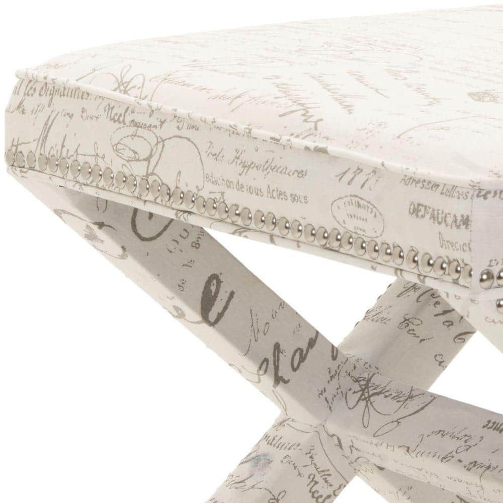 White Cotton Linen Ottoman with Nail Head Trim