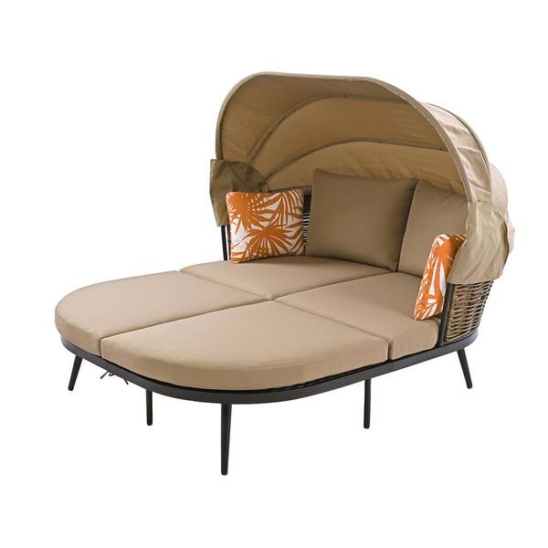 Unbranded 74.8 in. Outdoor Wicker Outdoor Patio Day Bed with Retractable Canopy and Brown Cushions for Backyard, Poolside, Garden