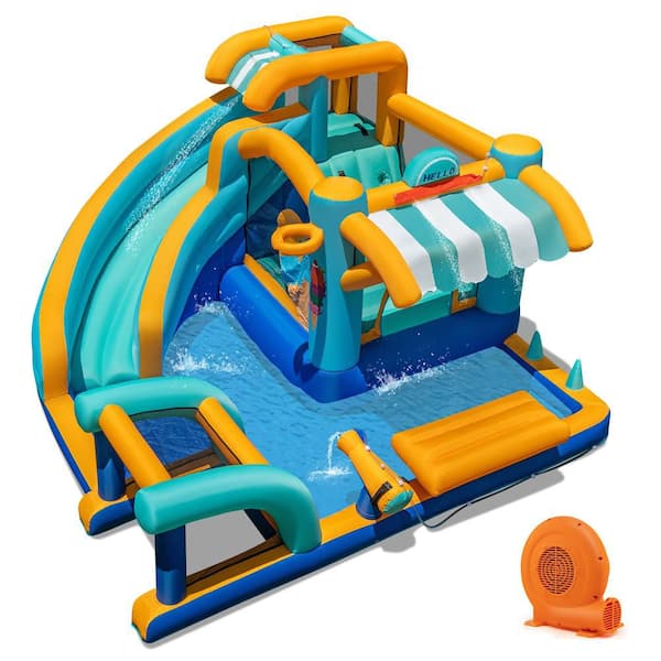 Inflatable Water Park Bounce House with Market Stand Water Slide with Climbing Wall and 750W Blower