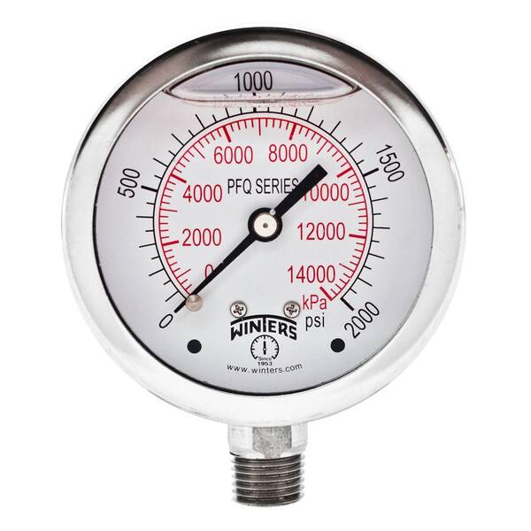 Winters Instruments PFQ Series 2.5 in. Stainless Steel Liquid Filled Case Pressure Gauge with 1/4 in. NPT LM and Range of 0-2000 psi/kPa