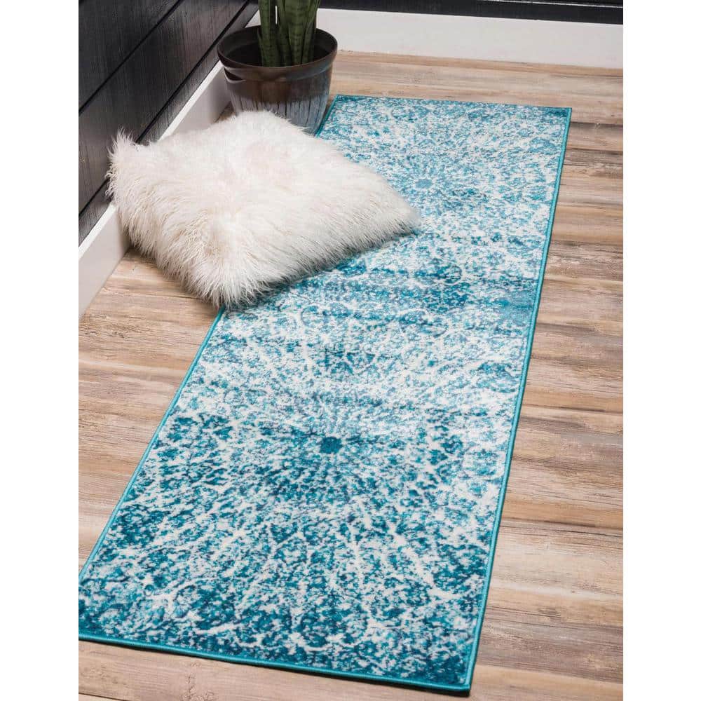 Turquoise and White Synthetic Reversible Runner Rug