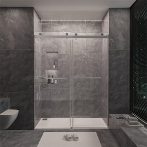 60 in. W x 80 in. H Sliding Frameless Shower Door in Brushed Nickel with 3/8 in. Clear Glass