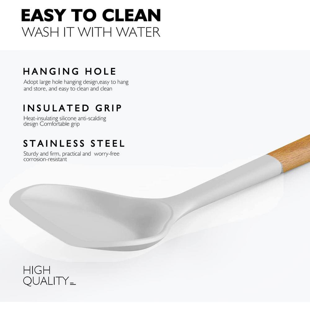 Cream White Silicone Cooking Utensils Set with Wooden Handles