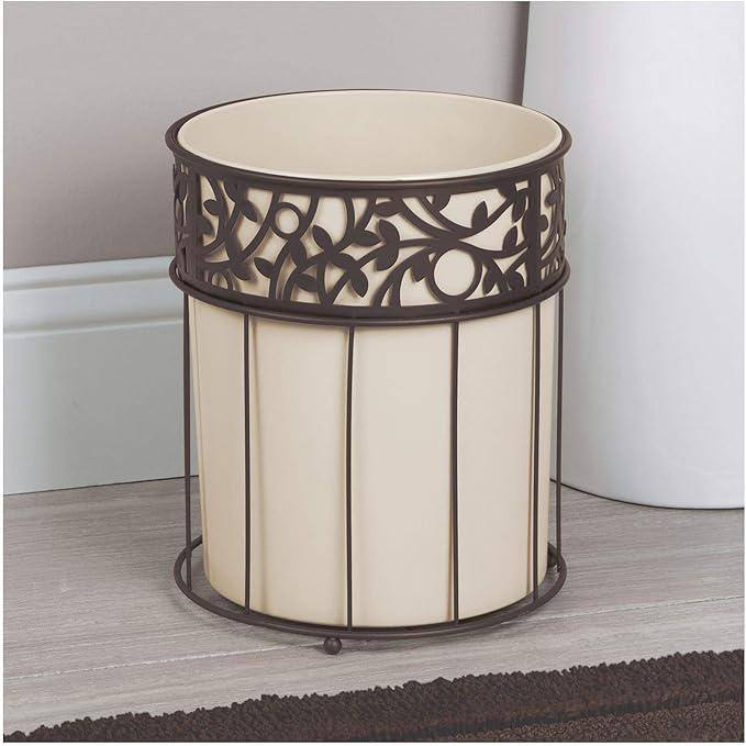 Vanilla and Bronze Metal Wastebasket with Vine Design