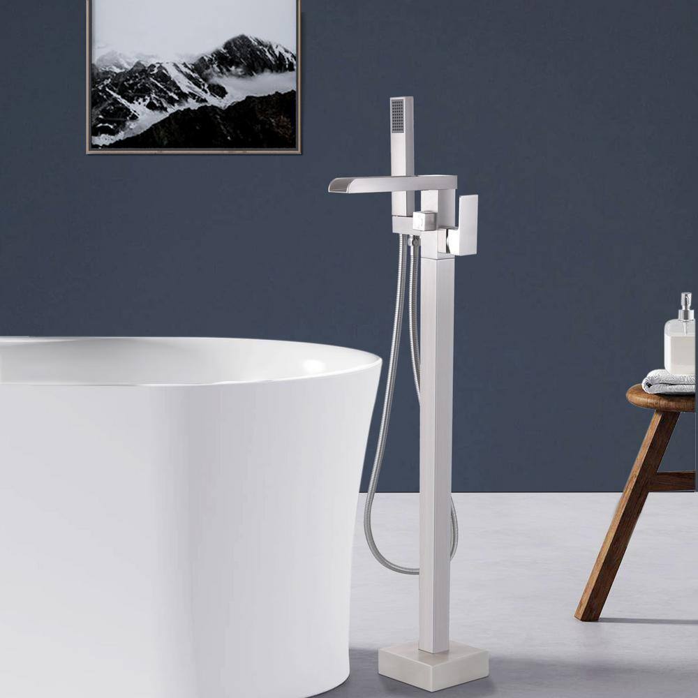 Brushed Nickel Freestanding Tub Filler with Lever Handle