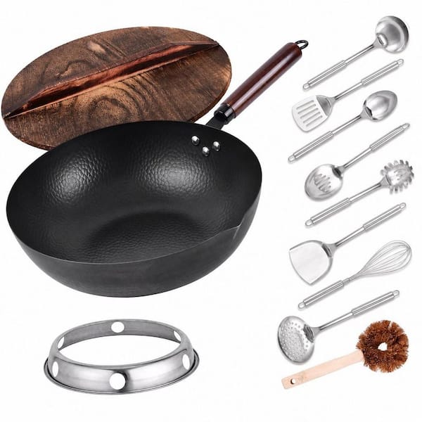 12.8 in. Carbon Steel Wok and Stir-Fry Pan with Lid, Cookware Accessories for Electric, Induction, Gas Stoves, 11-Piece