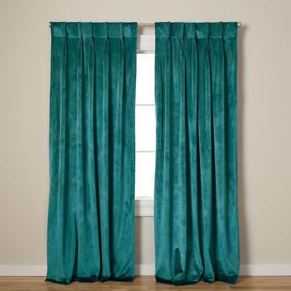 EXCLUSIVE HOME Velvet Teal Polyester 27 in. W x 84 in. L Triple Pinch Pleat Light Filtering Curtain (Double Panel)