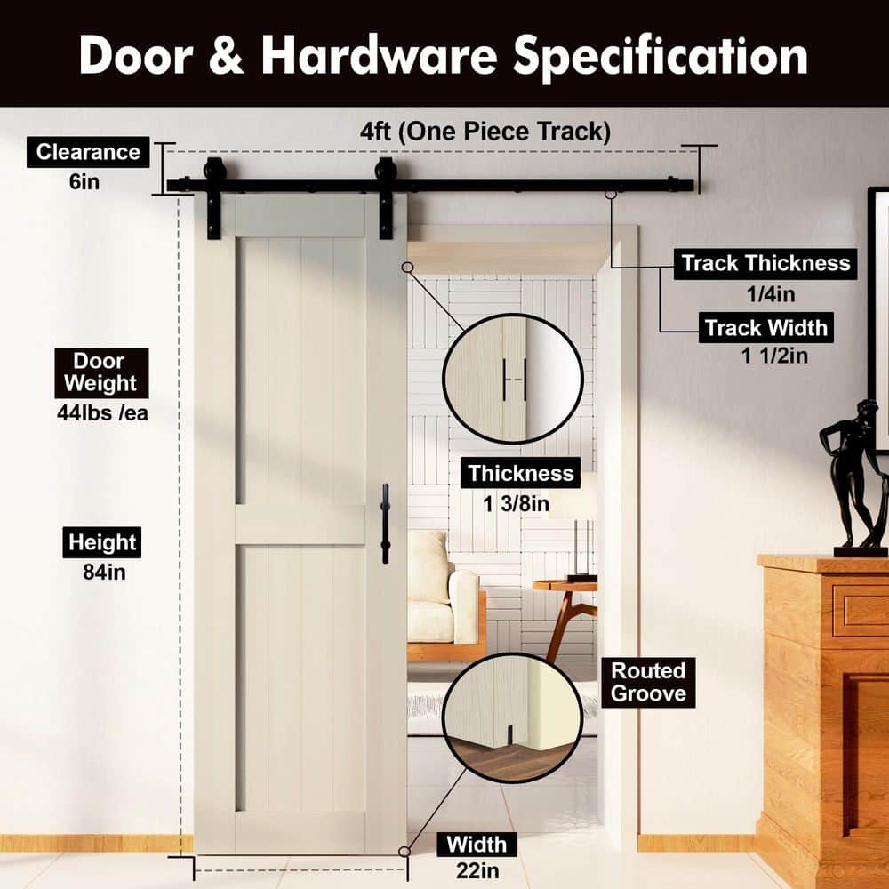 Tinsmith Gray Solid Pine Wood Barn Door with Black Hardware Kit