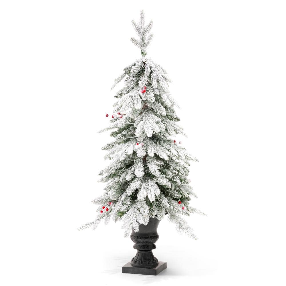 Glitzhome 4 ft. Pre-Lit Flocked Fir Artificial Christmas Tree with 100 ...