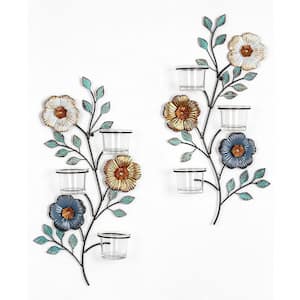 Multicolor Metal Flower Leaf Wall Candle Sconce (Set of 2)