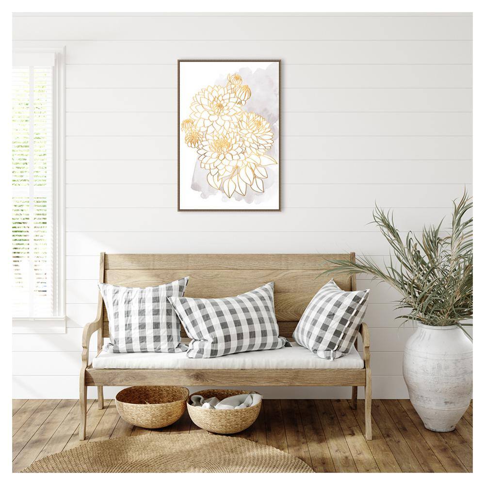 Gold and Gray Dahlia Bouquet Framed Canvas Wall Art