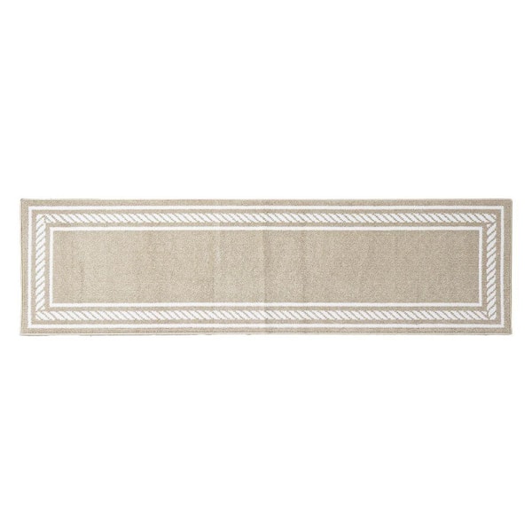 Washable Skid Resistant Beige /White 2.2 ft. x 8 ft. All Loop Tufted Area Rug