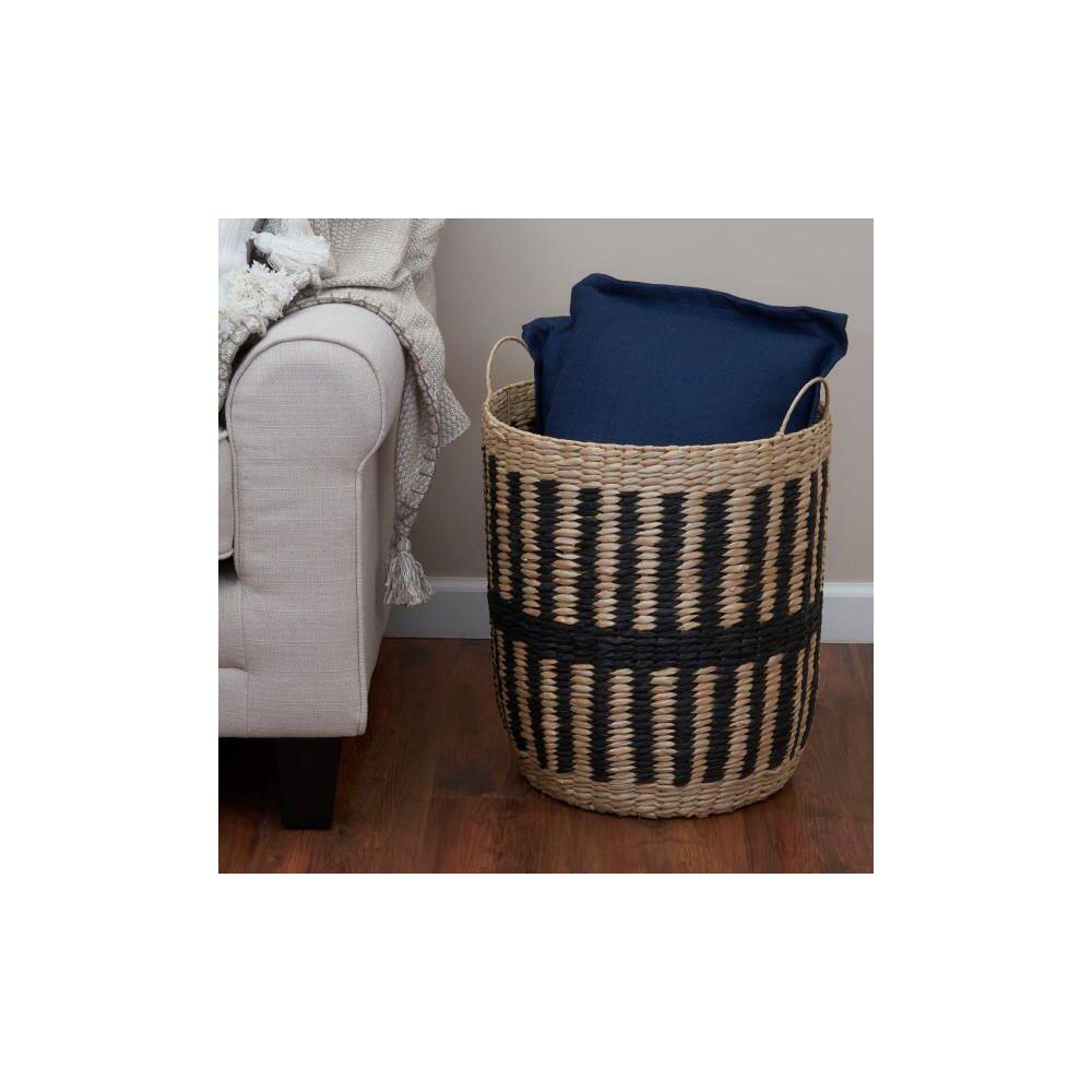 Natural and Black Seagrass Woven Storage Basket with Handles