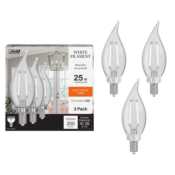 25W Equivalent BA10 E12 Candelabra Dim White Filament Clear Glass Chandelier LED Light Bulb Soft White 2700K (3-Pack)