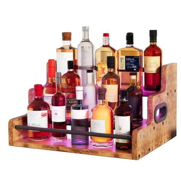 3-Tier LED Liquor Bottle Display Shelf with Remote Control, Wine Holder for Tavern, Liquor Cabinet, Coffee Syrup, Brown