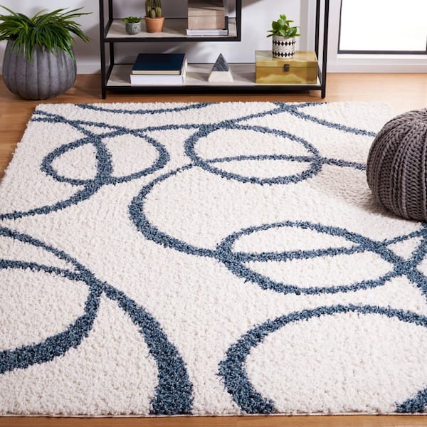 Calico Shag 4 ft. x 6 ft. Ivory/Blue Abstract Swirls Area Rug