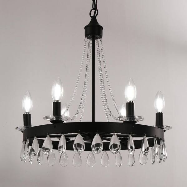 Briignite 6-Light Black Chandelier with Hanging Crystals, Vintage