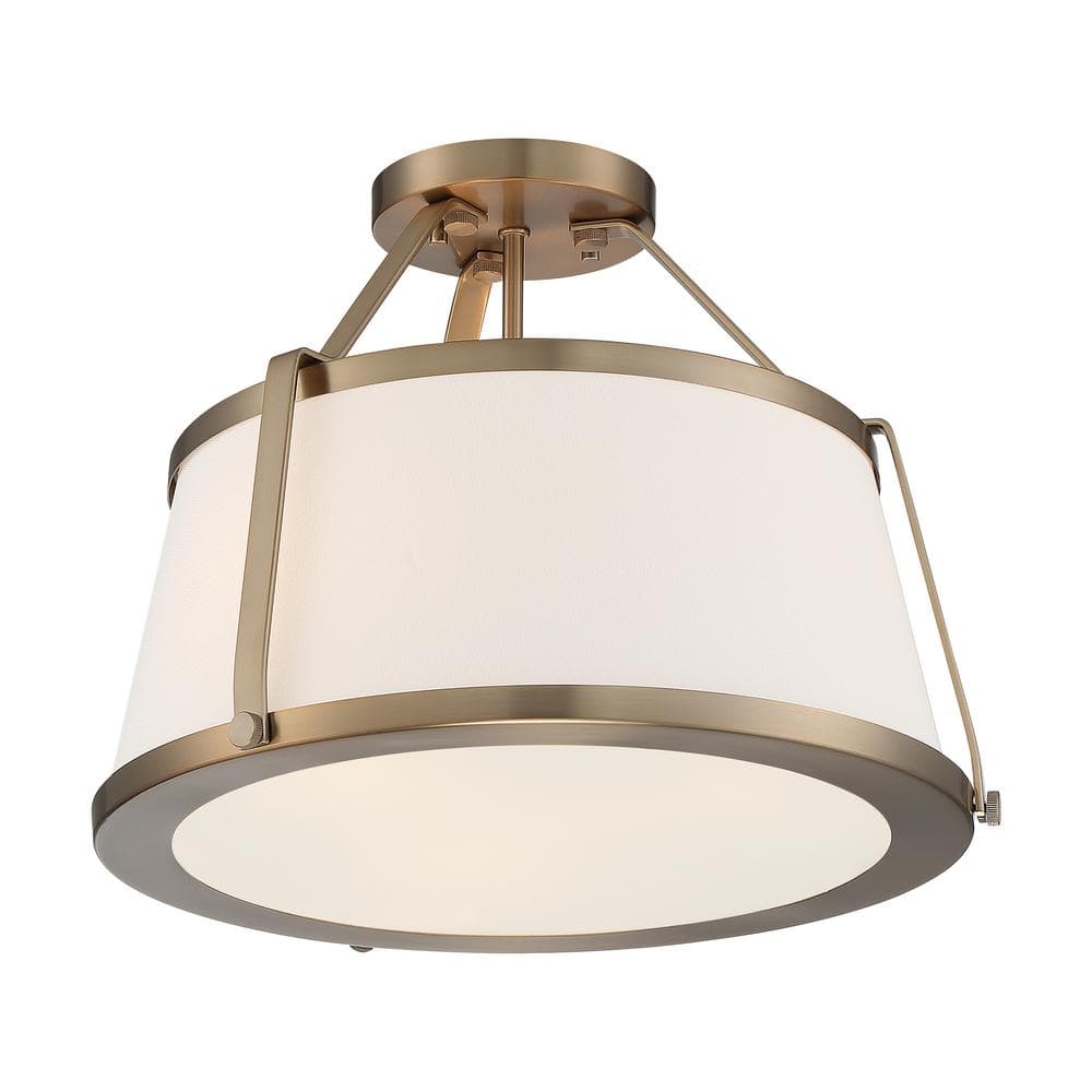 Cutty 3-Light Semi-Flush Mount in Burnished Brass with White Fabric Shade