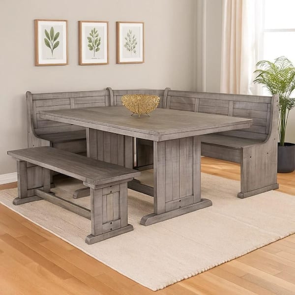 Zeka Weathered Gray Mahogany Wood Breakfast Nook Dining with Storage Bench Set