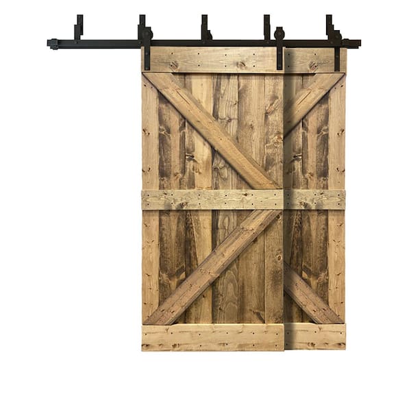 CALHOME 76 in. x 84 in. K Series Bypass Weather Oak Stained Solid Pine Wood Interior Double Sliding Barn Door with Hardware Kit