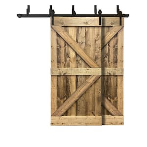 84 in. x 84 in. K Series Bypass Weather Oak Stained Solid Pine Wood Interior Double Sliding Barn Door with Hardware Kit