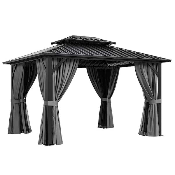 12 ft. W x 10 ft. D Galvanized Steel Hardtop Double Roof Gazebo with Celling Hook and Mosquito Netting