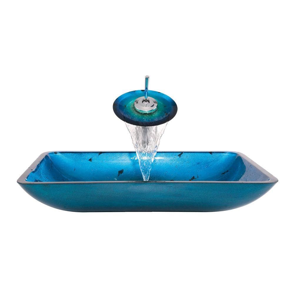 Fire Blue Glass Rectangular Vessel Sink with Chrome Faucet