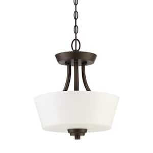 Grace 13 in. 2-Light Espresso Convertible Semi-Flush Mount with Frost White Glass Shade and No Bulbs Included