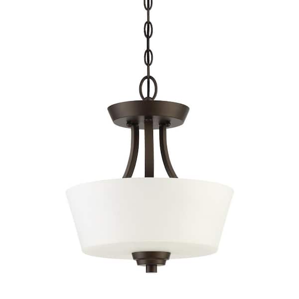 CRAFTMADE Grace 13 in. 2-Light Espresso Convertible Semi-Flush Mount with Frost White Glass Shade and No Bulbs Included