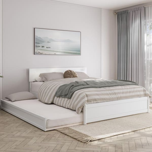 AFI Wesley White Solid Wood Frame Queen Platform Bed with Panel Footboard and Twin XL Trundle