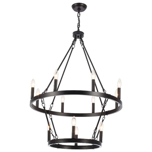 12-Light Farmhouse Black Candlestick Wagon Wheel Chandelier 2-Tier Ceiling Light Fixture for Kitchen Island