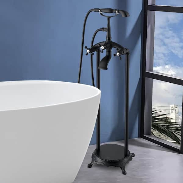 3-Handle Freestanding Floor Mount Faucet Claw Foot Tub Faucet with Hand Shower in Matte Black
