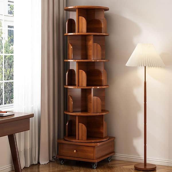 Colby Rotating 69 in. Tall Walnut MDF 6-Shelf Corner Bookcase with Drawer and Lockable Wheels