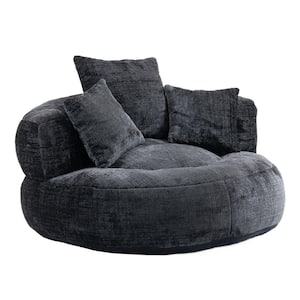 Modern Comfy Black Chenille Upholstery Bean Bag Round Accent Arm Chair