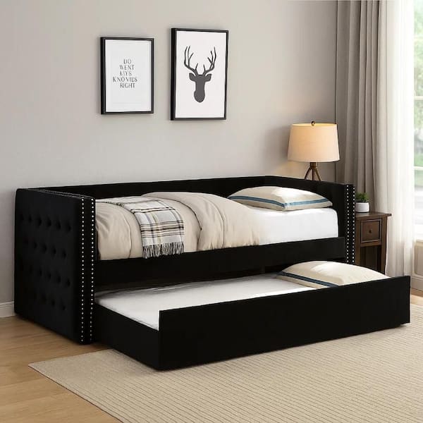 Suzo Black Twin Size Daybed with Trundle and Nailhead Trim
